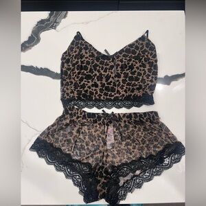 Leopard Lace Cami & Short Pajama Set - Brown and Black